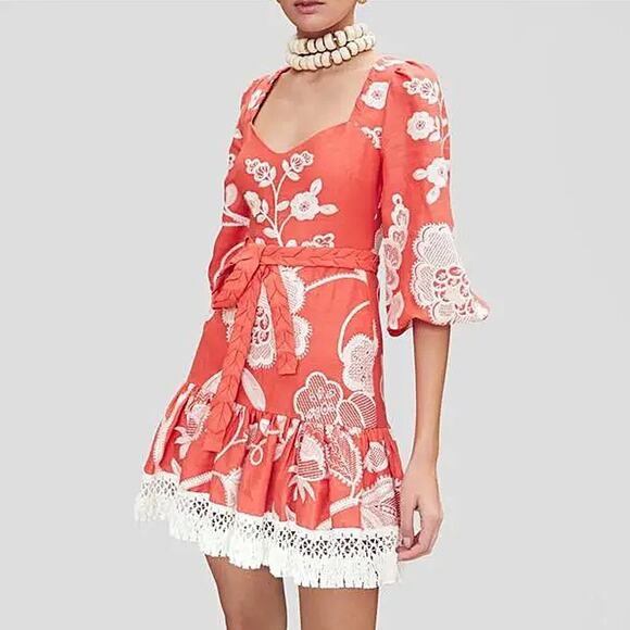 Alexis Claribel Coral Embroidered Linen Mini Dress Size M - Picture 1 of 5